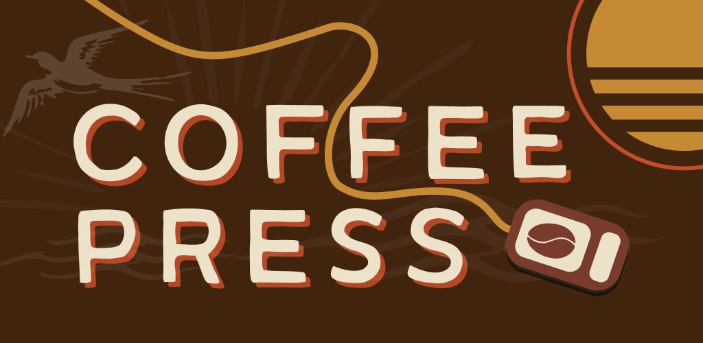 Coffee Press key art: the wordmark, a delivery route and a setting sun
